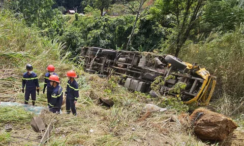 Xe tải chở máy đào rơi xuống đèo Bảo Lộc, tài xế thiệt mạng