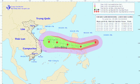 Bão Goni giật cấp 17 đang di chuyển hướng vào Đà Nẵng đến Phú Yên
